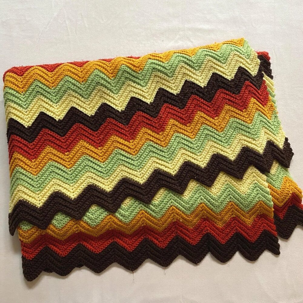 Handmade Granny Afghan Chevron Zig Zag Blanket Brown Orange Yellow